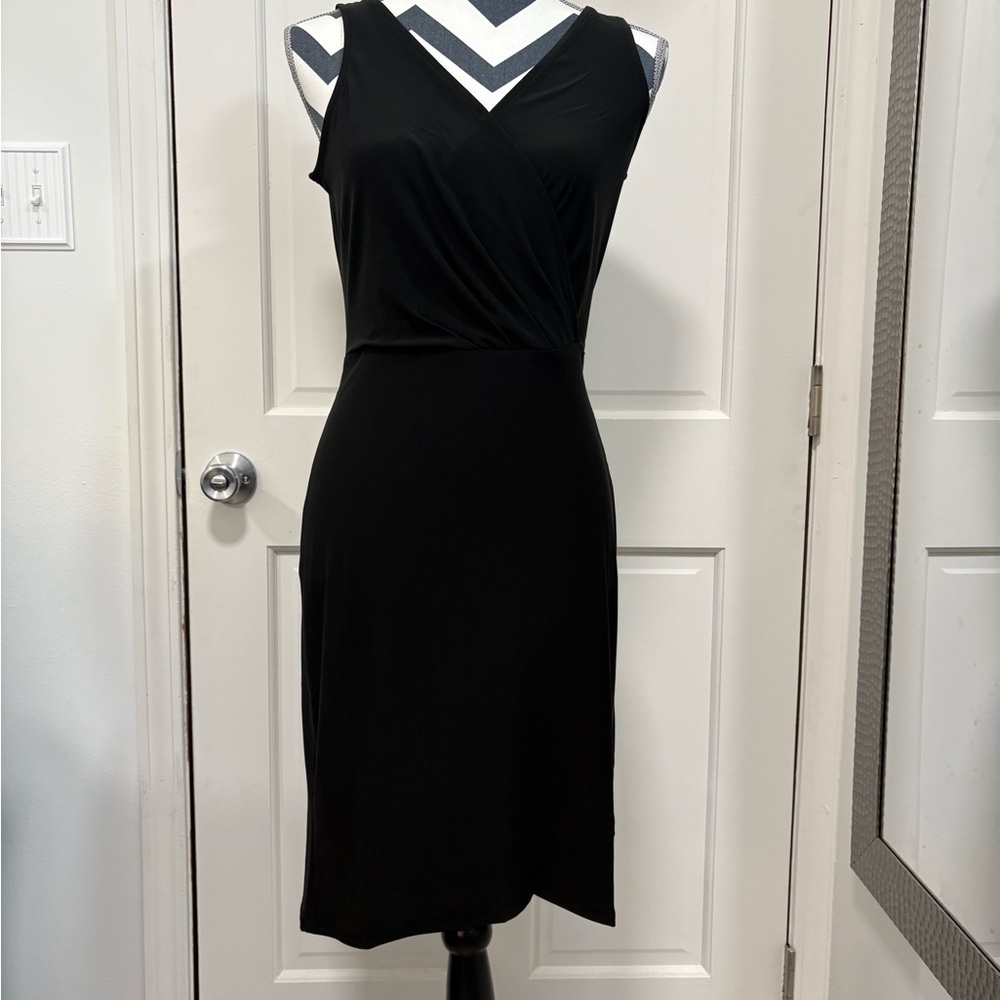 WHBM Sleeveless Midi Cocktail Dress Black Ruched V-neck Coquette Whimsigoth Glam